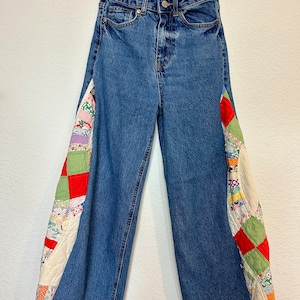 The Rosie (size 0/25) Barrel Leg Jeans with Vintage Quilt Panels