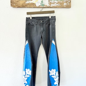 Nora (size 0) Levi’s 511 Barrel Jeans with Vintage Quilt Panels, approx. woman’s size 0