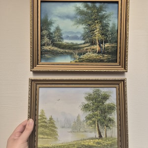 Vintage Oil Landscape Paintings: Framed Woodland Lake Scenes, Mid-Century Rustic Decor