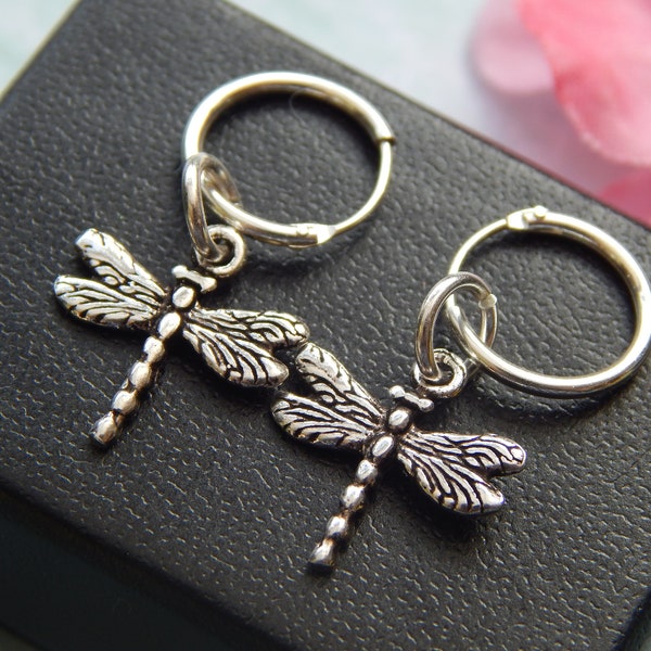 sterling silver hoop earrings with tiny dragonfly charms