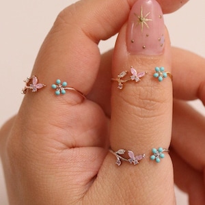 Turquoise Blossom Butterfly Ring: Rose Quartz Adjustable Ring