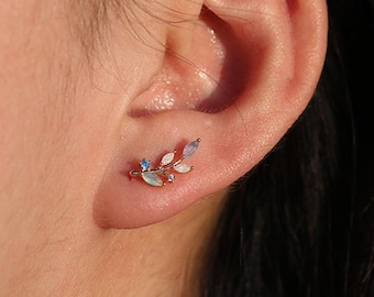 Sterling Silver Moonstone Vine Earrings: Dainty Gold Plated Leaf Branch