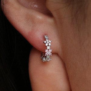 925 sterling silver rose quartz flower branch laurel circle hoop earrings dainty delicate 18k gold plated silver rose gold plated half hoops