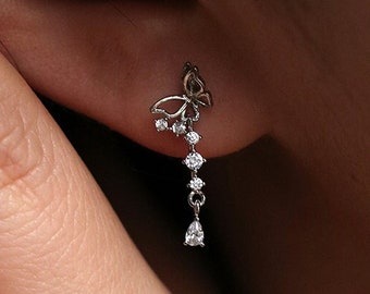 Sterling Silver Butterfly Dangle Earrings: White Topaz, Gold/Rose Gold Plated