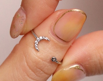 Cubic Zirconia Crescent Moon Ring: 18k Gold Plated Adjustable Ring