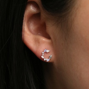 Orecchini in argento sterling 925 con pietra di luna, cerchio di alloro, graziosi e delicati, placcati in oro 18k, placcati in oro rosa, per feste di nozze, balli di fine anno, quotidiani