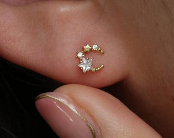 Tiny Moon Star CZ Earrings: 18k Gold Plated Sterling Silver Posts