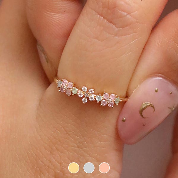Pastel Petal Ring: Rose Quartz Flower Vine, 18k Gold Plated