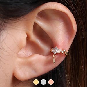 Flower Dangle Ear Cuff Cubic zirconia dainty delicate cute unique nonpierced earring earstack 18k gold plated silver rose gold plated