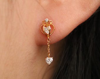 Heart Crown Dangle Earrings: 18k Gold Plated, Cubic Zirconia
