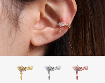 Flower Dangle Ear Cuff Cubic zirconia dainty delicate cute unique nonpierced earring earstack 18k gold plated silver rose gold plated