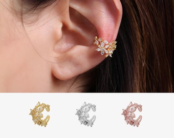 Flower Sparkle Ear Cuff Wedding Earwrap Earstack Earcuff Dainty Delicate Unique nonpiered earrings 18k gold plated silver rose gold plated