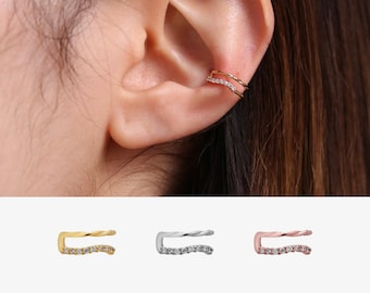 Double Line Cubic Ear Cuff Cubic zirconia Curved line layered dainty delicate cute unique 18k gold plated Rhodium plated rose gold plated