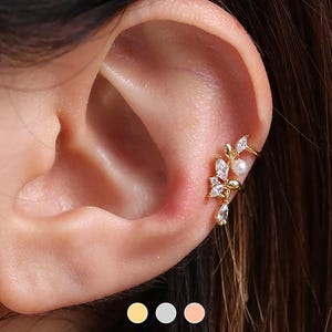 Laurel pearl cuff crytal nonpierced earring dainty delicate unique branch leave earstack earcuff 18k gold plated silver rose gold plated