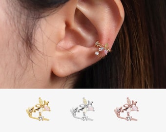 Multi Colour Flower Earcuff Semi-precious gemstone rose quartz butterfly cute dainty delicate Twist 18k gold plated silver rose gold plated