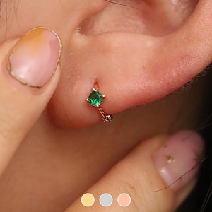 925 sterling silver Single green onyx gemstone single huggie hoop clicker simple slim daily earrings 18k gold vermeil 18k rose gold vermeil