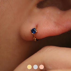 925 sterling silver blue sapphire Single Lapis Lazuli Huggie hoop Earrings one touch clicker 18k gold vermeil 18k rose gold vermeil