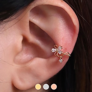 Pendiente con forma de flor sin perforar, delicado y bonito, con forma de bola, para la oreja, joyería única, chapada en oro de 18 quilates, plata chapada en oro rosa