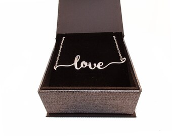 Love Necklace, Sterling Silver Script Words Pendant