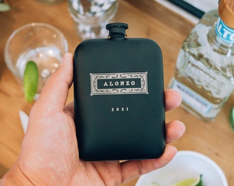 Personalized Hip Flask, Matte Black – Groomsmen Gift – Gifts for Him, Stainless Steel Funnel and Gift Box included