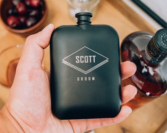 Groomsmen Gift – Personalized Hip Flask, Matte Black – Gifts for Him, Stainless Steel Funnel and Gift Box included