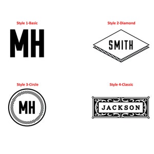 May include: Four different styles of monogram logos. The first style is a basic block letter monogram, the second is a diamond-shaped monogram, the third is a circle monogram, and the fourth is a classic monogram with a decorative border.