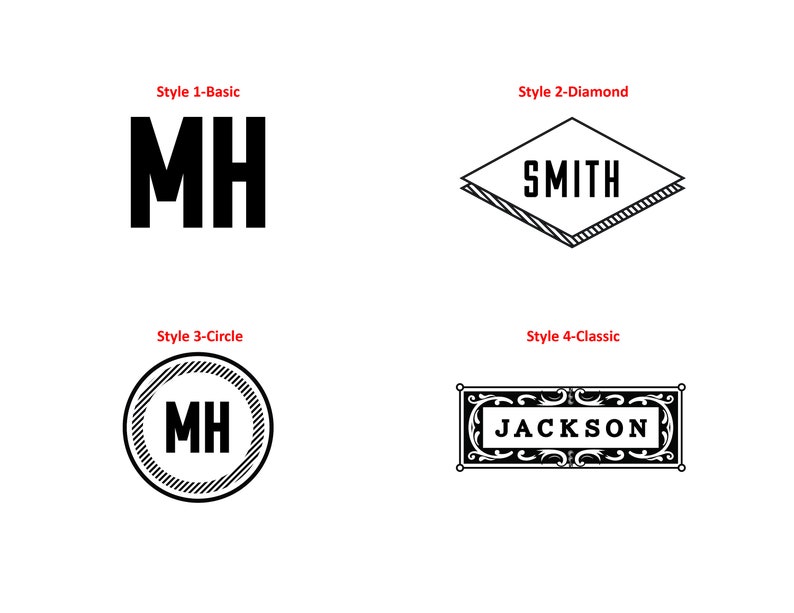 May include: Four different styles of monogram logos. The first style is a basic block letter monogram, the second is a diamond-shaped monogram, the third is a circle monogram, and the fourth is a classic monogram with a decorative border.