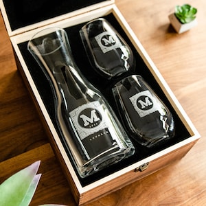 Wine Decanter & 2 Stemless Wine Glasses - Wood Box Set - Heirloom