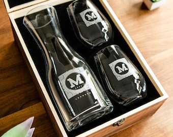 Wine Decanter & 2 Stemless Wine Glasses - Wood Box Set - Heirloom
