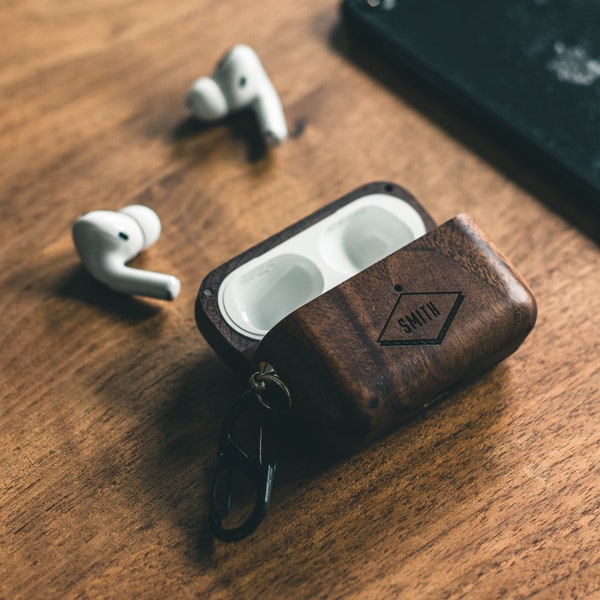 AirPods Pro Case - Walnut Wood - Apple Airpods pro 2 case, Gift for Men, Custom Airpods Case, Personalized, Monogrammed, Airpods Keychain