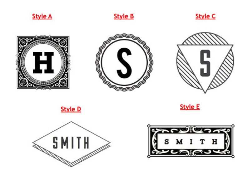Puede incluir: Cinco estilos de monogramas diferentes para un nombre o una inicial. El estilo A presenta un marco ornamentado en blanco y negro con una letra H grande en el centro. El estilo B presenta un marco circular en blanco y negro con una letra S grande en el centro. El estilo C presenta un tri&aacute;ngulo en blanco y negro con una letra S grande en el centro. El estilo D presenta una forma de diamante en blanco y negro con la palabra SMITH en el centro. El estilo E presenta un marco rectangular en blanco y negro con la palabra SMITH en el centro.