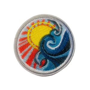 Ocean and Sun Iron-on Applique | Embroidered Sun and Sea Patch | Round  3.5&quot; Diameter | Sun and sea patch