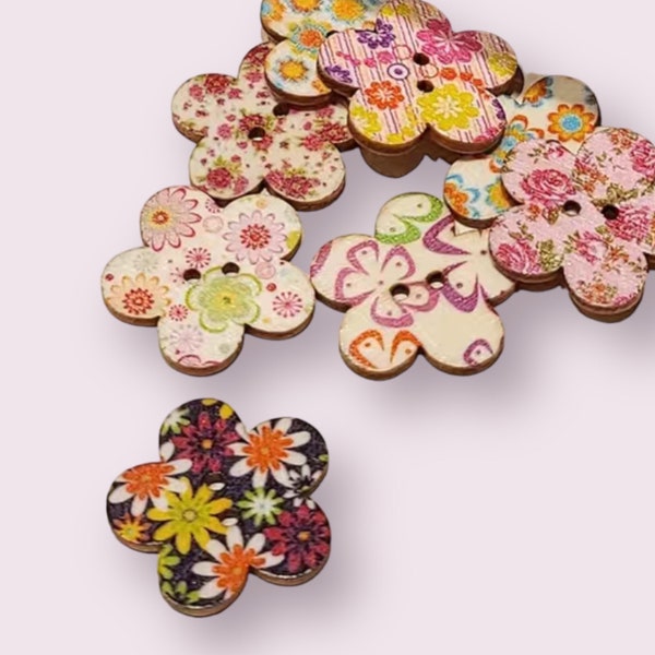 Flower Boho Wood Buttons. 10 Pack Wooden Buttons. Assorted Flower  Buttons. 1 inch Buttons. Decorative Buttons. Flower Buttons