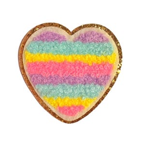 Rainbow Chenille Heart Patch Sticker – No Iron Needed! | Cute Pastel Glitter Appliqué for Clothes, Journals & Crafts