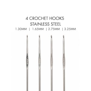 May include: A set of 4 stainless steel crochet hooks with sizes 1.30mm, 1.65mm, 2.75mm, and 3.25mm clearly engraved on each shaft. The text 4 CROCHET HOOKS STAINLESS STEEL 1.30MM | 1.65MM | 2.75MM | 3.25MM is displayed above the four silver metal hooks.