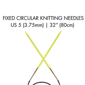 Puede incluir: Agujas de tejer circulares fijas, talla US 5, con un cable de 80 cm. Las agujas tienen puntas de color amarillo brillante y están cruzadas. El texto en la parte superior dice "FIXED CIRCULAR KNITTING NEEDLES US 5 (3.75mm) | 32" (80cm)".