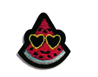 Watermelon Iron-on Applique. Embroidered Watermelon with Heart Sunglasses Patch. Iron On Patch. Watermelon Applique