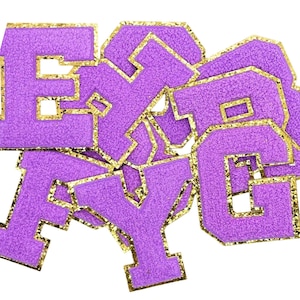 Purple Chenille Letter Patch: Gold Glitter Varsity Iron-On Applique