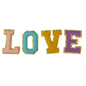 May include: The word "LOVE" spelled out in colourful felt letters with gold glitter trim. The letters are pink, blue, yellow, and purple.