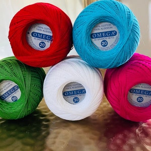 Omega Crochet Thread Size 20. 100% Cotton Thread. Pink Cotton Thread. Turquoise Thread. Cotton Crochet Thread  White Size 30