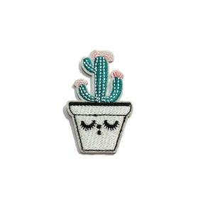 Embroidered Cactus Iron-On Patch: Blue Cactus in Pot
