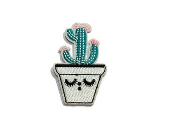 Embroidered Cactus Iron-On Patch: Blue Cactus in Pot