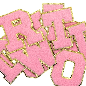 Pink Chenille Letter Patch: Gold Glitter Varsity Iron-On Applique