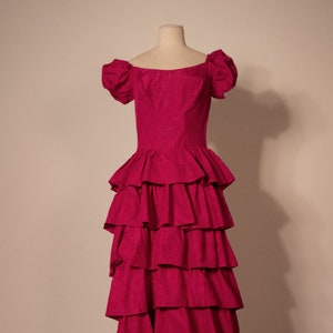 Magenta vintage puff sleeved corsetted ruffled gown image 1