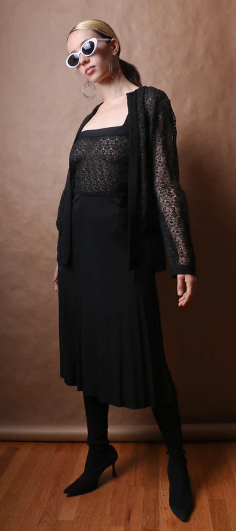 Christian Dior voor Saks Fifth Avenue zwart geborduurde kanten jurk set afbeelding 3