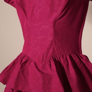 Magenta vintage puff sleeved corsetted ruffled gown image 3