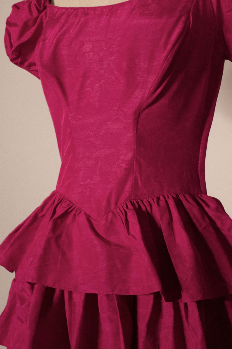 Magenta vintage puff sleeved corsetted ruffled gown image 3