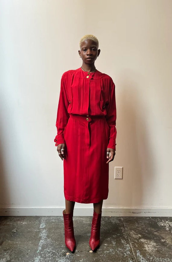 Chanel red silk pleated back dress