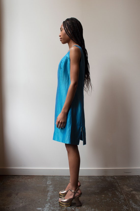 Claude Montana turquoise silk-linen trapeze dress - image 3