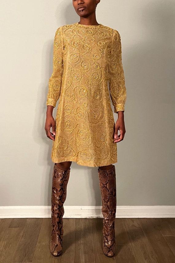 1960S Metallic Gold Sheer Overlay Dress